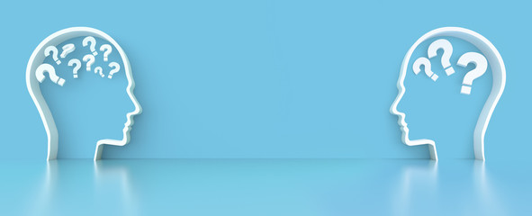 Moving Questionmarks in Human Head outline in front of a color wall background. Business Psychology concept