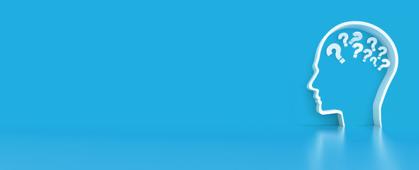 Moving Questionmarks in Human Head outline in front of a color wall background. Business Psychology concept