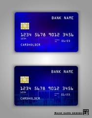 Vector set Realistic credit bank card mockup. Blue gradient pattern. Power plant circuit, technology illustration