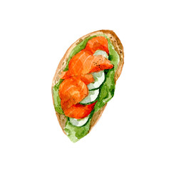 Tasty sandwich with salmon, cucumber and avocado. Watercolor illustration isolated on white background