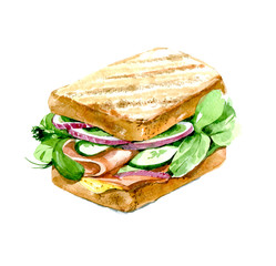 Sanwich with ham, cucumber, onion. Hand drawn watercolor illustration isolated on white background.