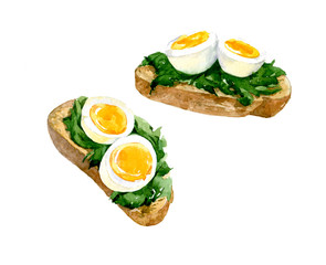 Tasty sandwich with boiled eggs, olives, guacamole. Watercolor illustration isolated on white background