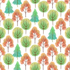 Watercolor autumn forest trees seamless pattern on white