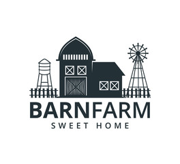 backyard barn farm house storage hangar with fence windmill and water torrent tower vector logo design