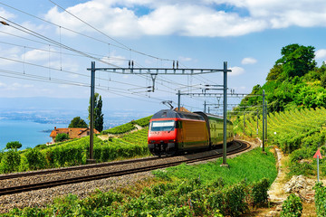 Running train at the railroad near Lavaux Vineyard Terrace hiking trail at Lake Geneva and Swiss mountains, Lavaux-Oron district, Switzerland