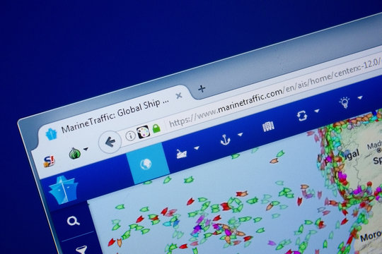 Ryazan, Russia - September 09, 2018: Homepage of Marine Traffic website on the display of PC, url - MarineTraffic.com