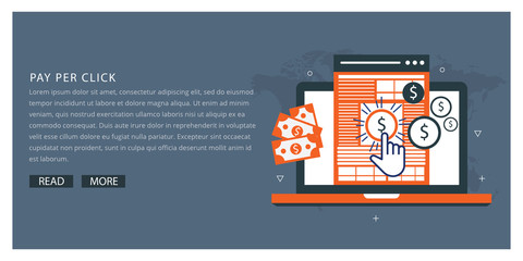 pay per click advertising, sponsored listing, paid search marketing vector banner with icons