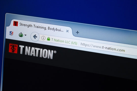 Ryazan, Russia - August 26, 2018: Homepage of T- Nation website on the display of PC. Url - T-Nation.com