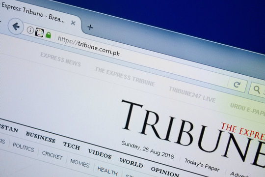 Ryazan, Russia - August 26, 2018: Homepage of Tribune website on the display of PC. Url - Tribune.com.pk