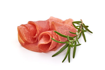 Italian prosciutto crudo or spanish jamon. Dried ham, isolated on white background