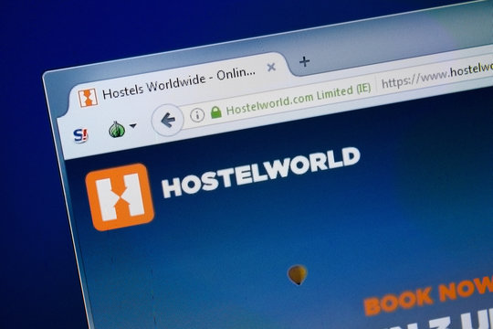 Ryazan, Russia - August 26, 2018: Homepage of Hostel World website on the display of PC. Url - HostelWorld.com