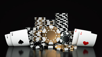 Obraz premium Playing Cards And Black And Golden Casino Chips Isolated On The Black Background - 3D 