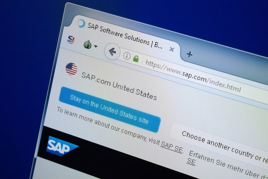 Ryazan, Russia - August 26, 2018: Homepage of Sap website on the display of PC. Url - Sap.com