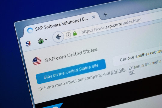 Ryazan, Russia - August 26, 2018: Homepage of Sap website on the display of PC. Url - Sap.com
