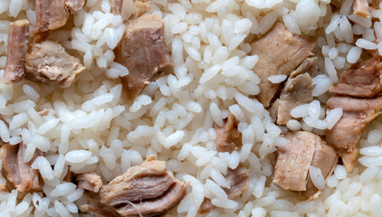 Appetizing rice mixed with fried meat close-up. Texture or background