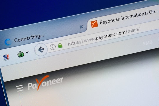 Ryazan, Russia - August 26, 2018: Homepage of Payoneer website on the display of PC. Url - Payoneer.com