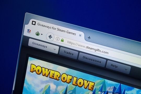 Ryazan, Russia - August 26, 2018: Homepage of Steam Gifts website on the display of PC. Url - SteamGifts.com