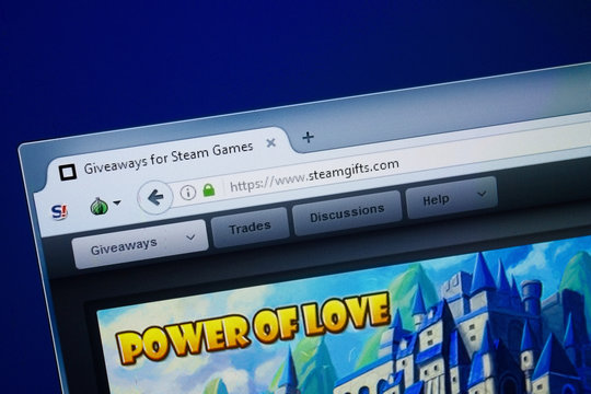 Ryazan, Russia - August 26, 2018: Homepage of Steam Gifts website on the display of PC. Url - SteamGifts.com