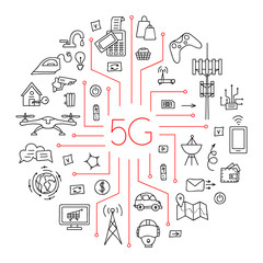 5g wireless internet. Round composition with a set of elements on the subject of modern technology and high-speed Internet. Vector linear illustration. Frame of icons and symbols.