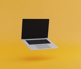 Realistic float modern computer laptop 3d 16-Inch on yellow background, mock-up device notebook highly detailed resolution technology gadget for hipster, minimal idea creative concept. 3d render