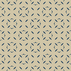 Subtle golden vector seamless pattern with small flower silhouettes, geometric leaves. Simple minimal luxury background. Abstract gold and dark blue texture. Elegant ornament. Repeatable design