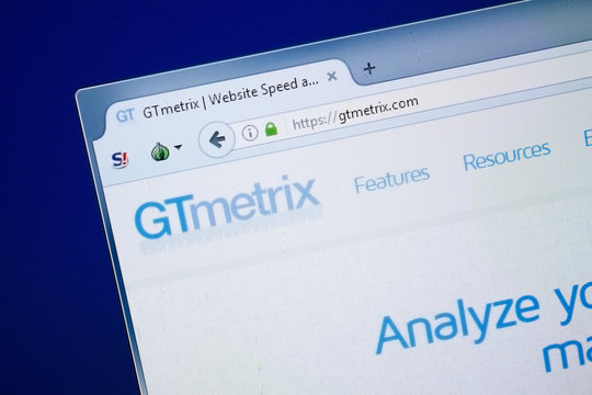 Ryazan, Russia - August 26, 2018: Homepage of G Tmetrix website on the display of PC. Url - GTmetrix.com