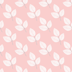Seamless pattern with leaves. Pink background with plants. Branch with leaves.