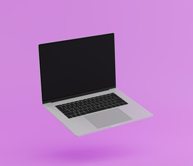 Realistic modern computer laptop 3d 16-Inch isolate on violet background, mock-up device notebook display highly detailed resolution technology gadget for hipster, working, office business,3d render