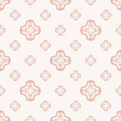 Vector geometric floral seamless pattern. Simple minimal texture. Pink and white abstract graphic background. Elegant minimalist ornament with flowers, diamonds, stars. Repeat design for wallpapers