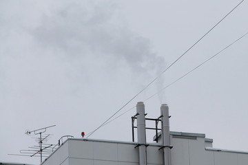 From two chimneys on the roof of the house comes smoke against the sky