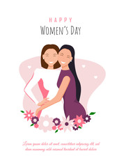 March 8, International Women's Day. Happy girls hugging. Love between the girls. 8 march, womans day, womens day background, womens day banners, womens day flyer, women's day design