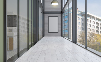 office in a business center with large panoramic windows. cabinets with glass walls. Meeting room. 3D rendering.. Empty paintings