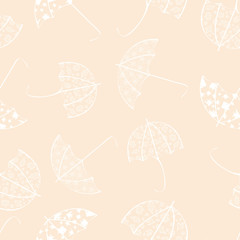 Vector White Line Art Umbrellas on Peach Pastel Orange Background Seamless Repeat Pattern. Background for textiles, cards, manufacturing, wallpapers, print, gift wrap and scrapbooking.