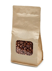 Blank brown paper bag with coffee beans in transparent window mockup or mock up template isolated on white background including clipping path.