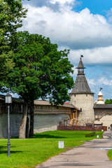 Fototapeta premium Pskov, view of fortress wall and towers Kutekroma in Pskov Krom