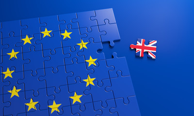Brexit - British exit from the European Union in 2020. The concept of a 'Brexit' represented via jigsaw puzzle. Member states represented by pieces of puzzles with flag.  3D rendering graphics.