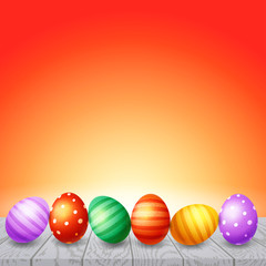 Trendy poster with colorful eggs. Happy Easter. Decorated yellow, red, blue, green and purple eggs background