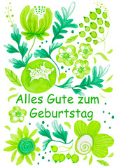 Watercolor postcard blue classic and purple flowers and leaves with ornament. Illustration with a birthday inscription in German in hand drawn on a white isolated background folk style.