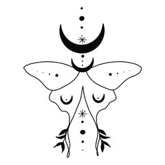 Moth illustration golden line art doodle with stars on black background. Poster, print, banner. Magical, mystical eyes, witchcraft, occult.