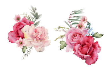 Bouquets of flowers, can be used as greeting card, invitation card for wedding, birthday and other holiday and  summer background. Watercolor illustration design