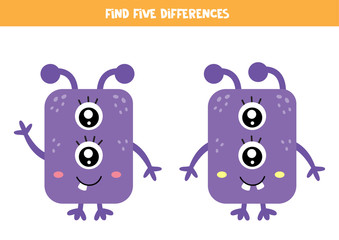 Logical game. Find differences between cute monsters.