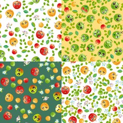 Set of cute seamless pattern with cartoon emoji fruits
