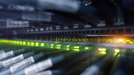 Network server switch with LED flashing. Supercomputer. 