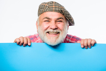 Your advertising here. Copy space placate information. Senior bearded man place announcement on...