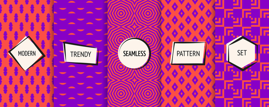 Crazy Vector Geometric Seamless Pattern Collection. Set Of Bright Colorful Background Swatches With Modern Minimal Labels. Abstract Funky Neon Textures. Retro 1980- 1990's Style. Red And Purple Color