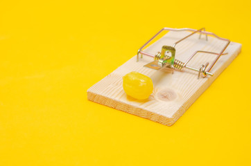 Mousetrap with a round yellow candy on a yellow background with a copy of the space