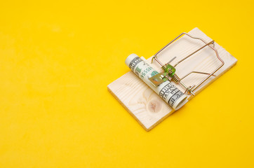 Dollars in a mousetrap with a hundred dollar bill on a yellow background with a copy space