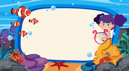 Frame design with mermaid and little fish in the ocean