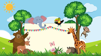 Border template with many animals in the park