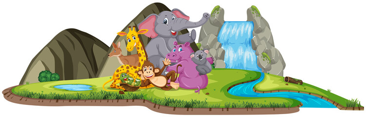 Scene with cute animals by the waterfall